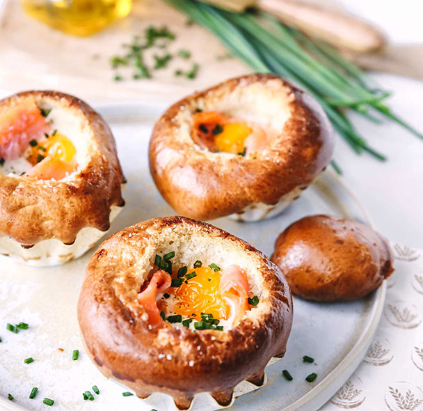 Soft boiled eggs with brioche & salmon